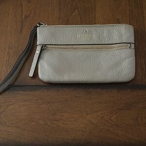 Kate Spade Gray Beige Wristlet with Striped Interior